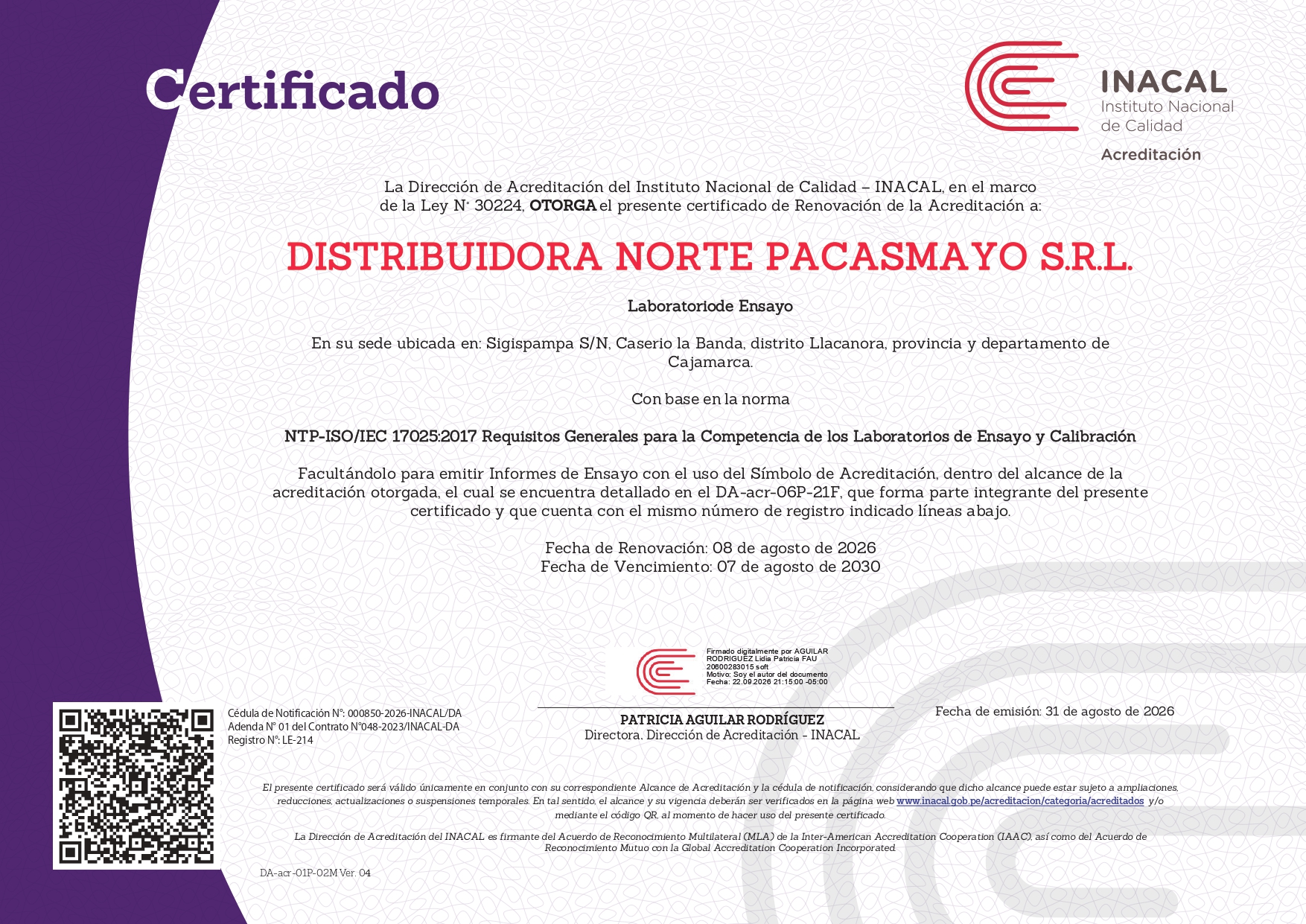 Certificado de acreditación INACAL, sede Cajamarca