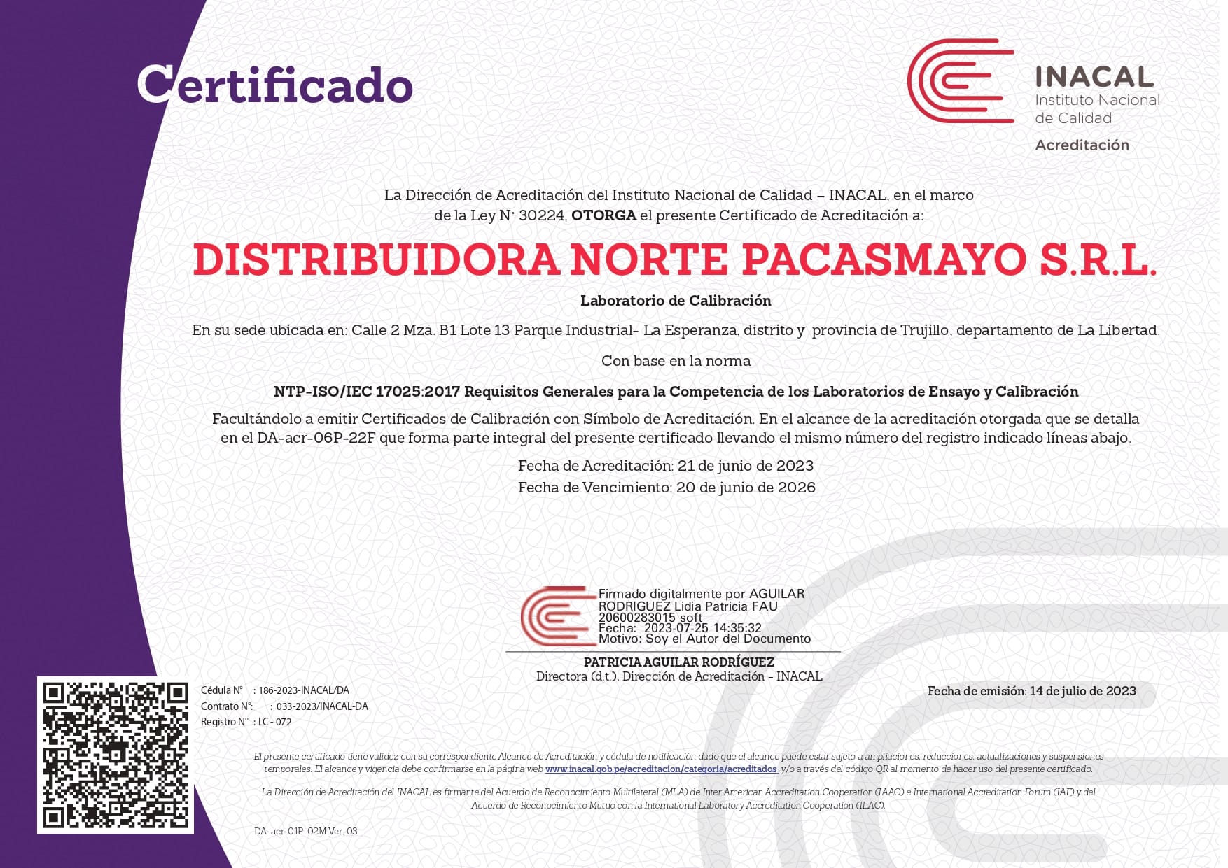 Certificado de acreditación INACAL, Laboratorio de Calibración, sede Trujillo