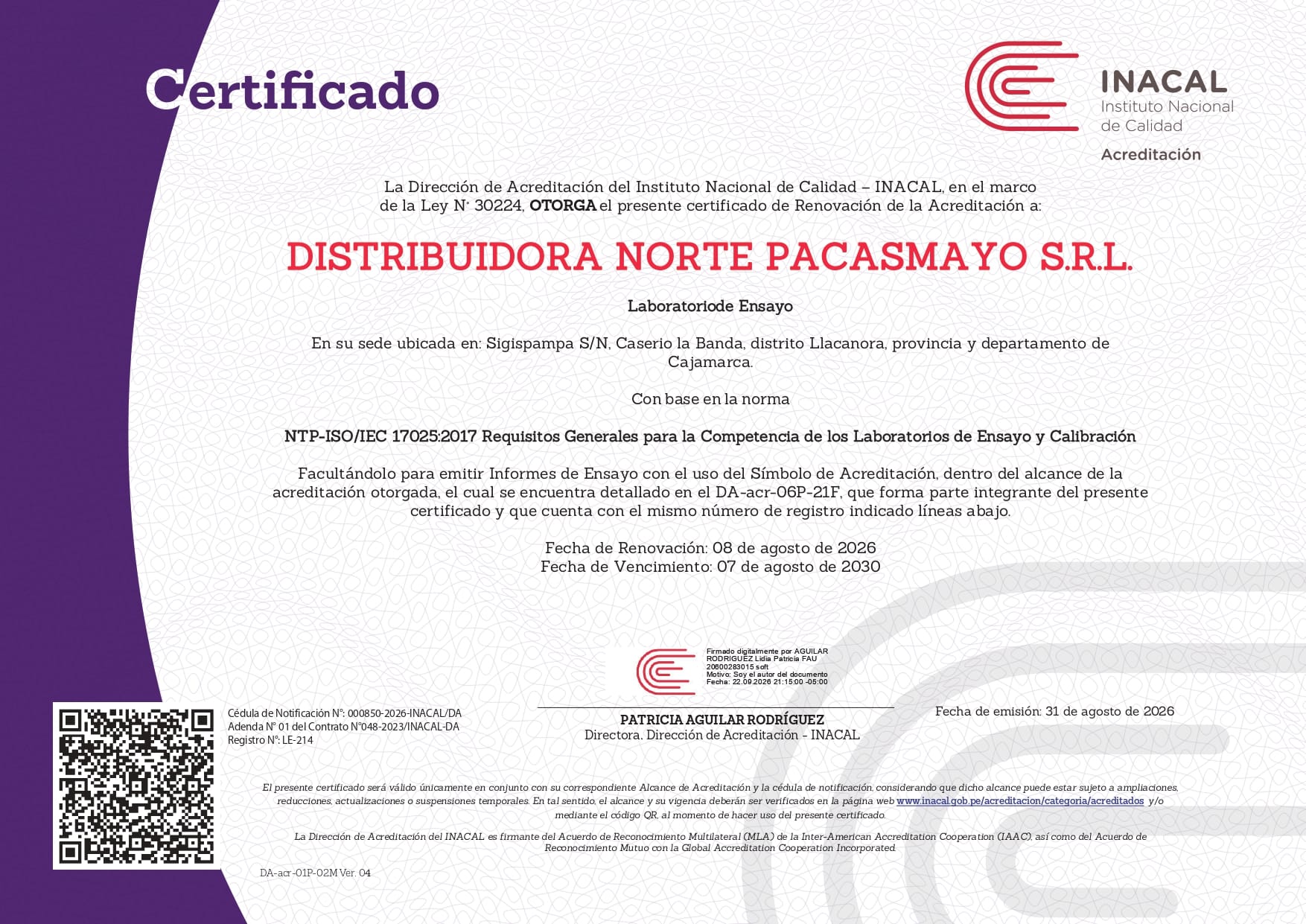 Certificado de acreditación INACAL, sede Cajamarca