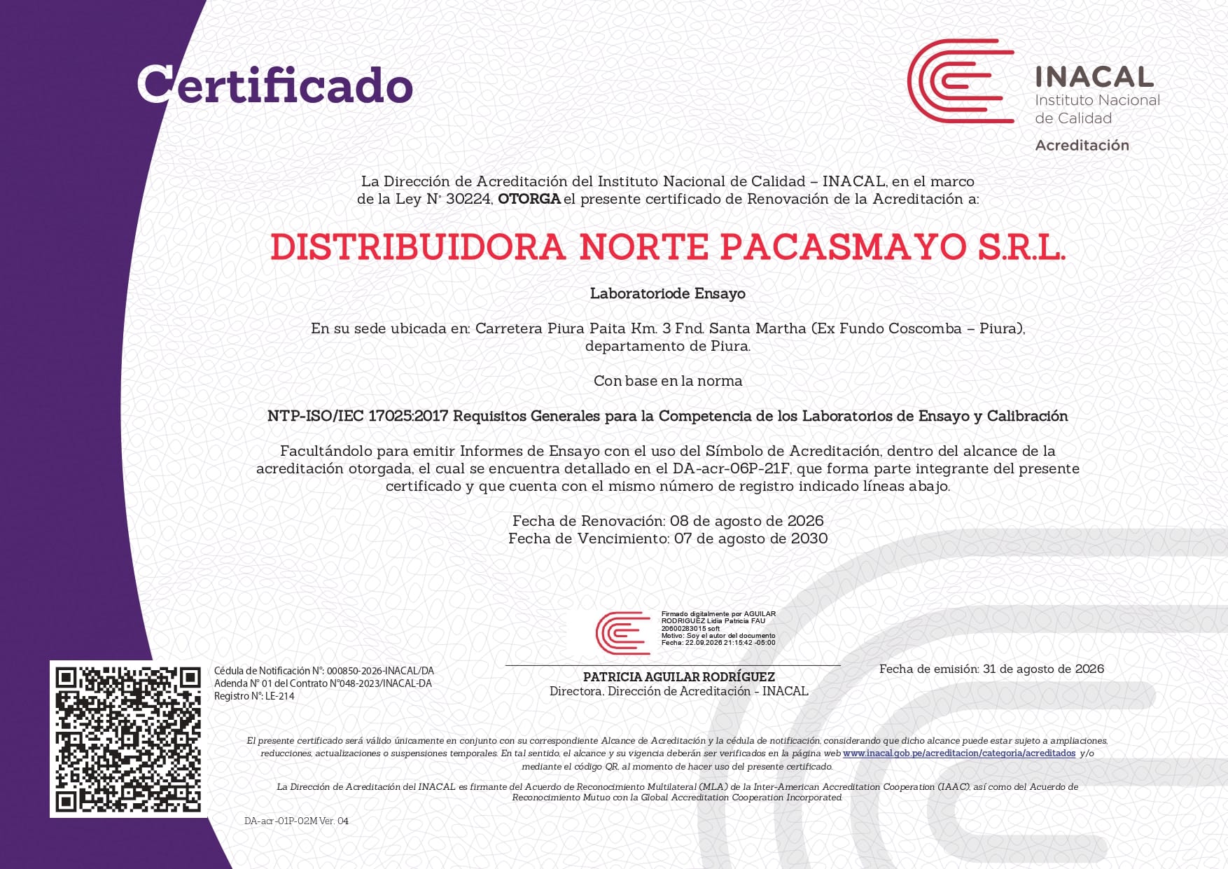 Certificado de acreditación INACAL, sede Piura